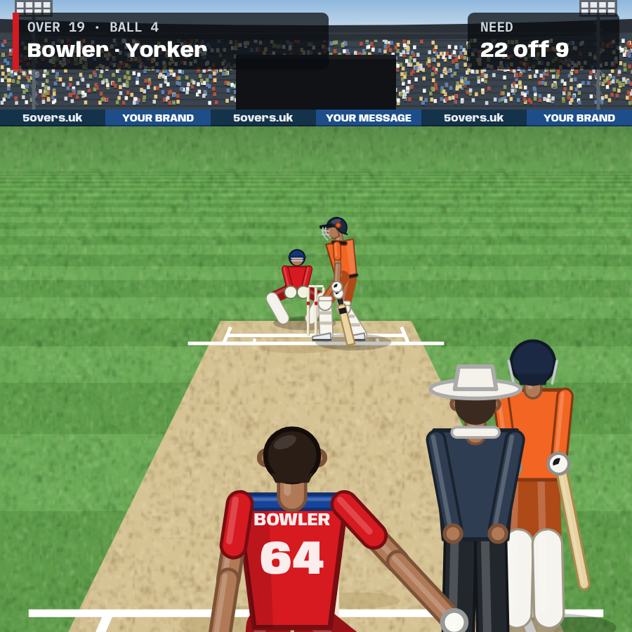 The delivery camera view, with sponsor boards around the boundary behind the bowler